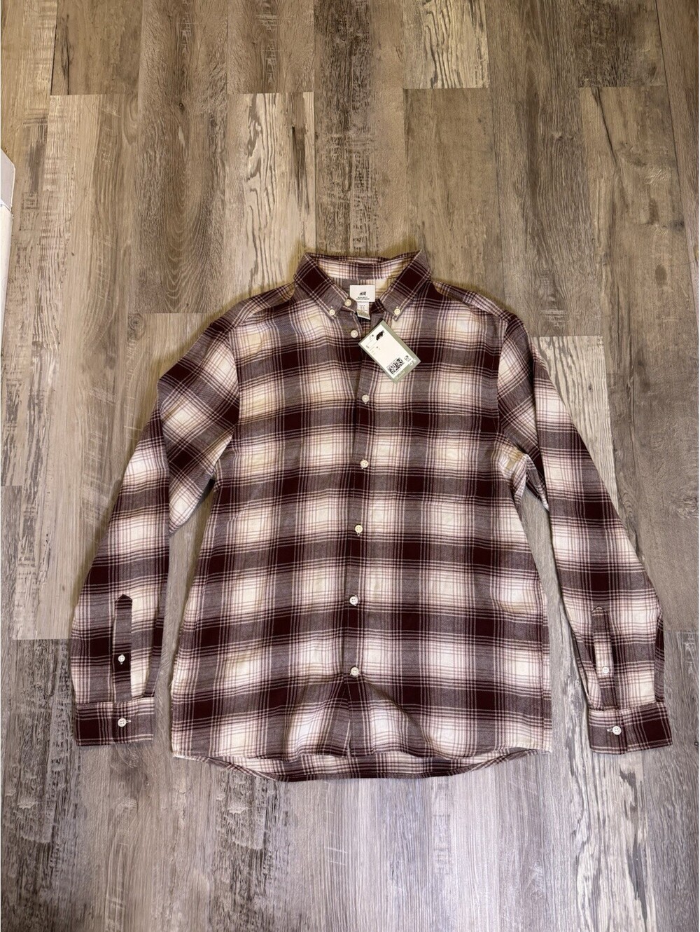 NWT H&M Men's Regular Fit Plaid Flannel Shirt Maroon White Size M